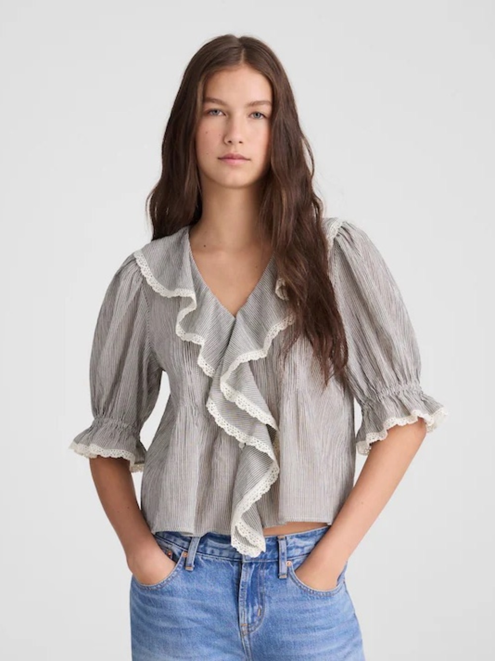 Madewell The Blaire Top Large Button Up V Neck Lace Black Ivory Micro Stripe